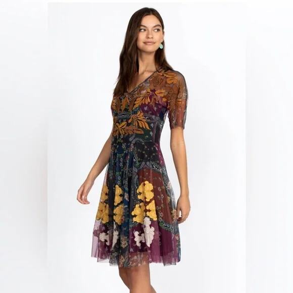 Johnny Was Dress Womens Small Jovie Mesh Biya Flared Skirt Floral Boho - Picture 1 of 11